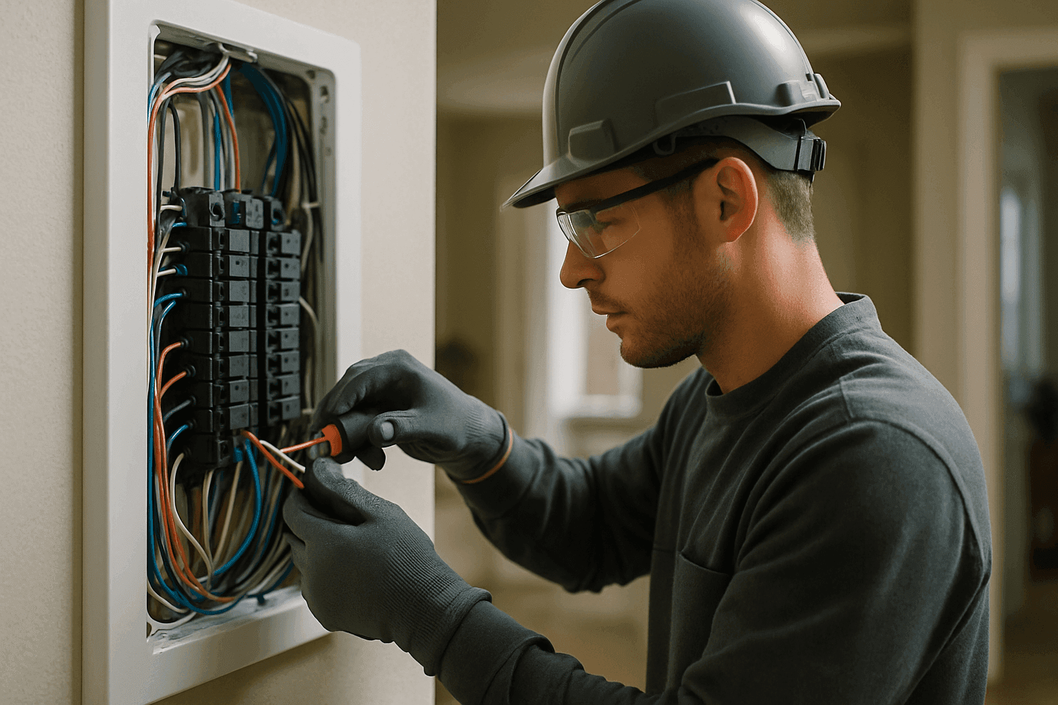 Residential electrician in PPE working on a clean home electrical panel indoors